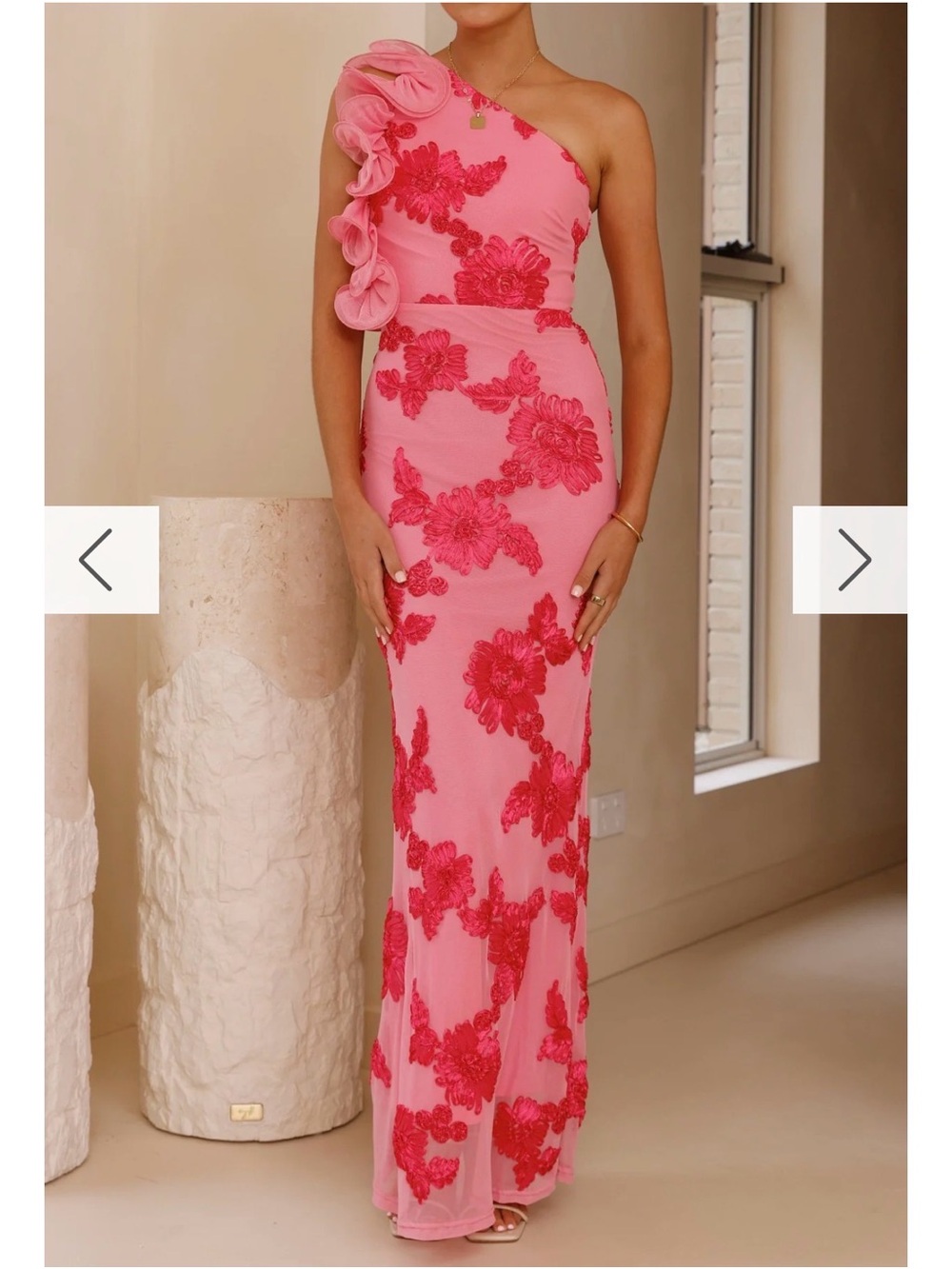 One-Shoulder Pink Floral Appliqué Evening Dress